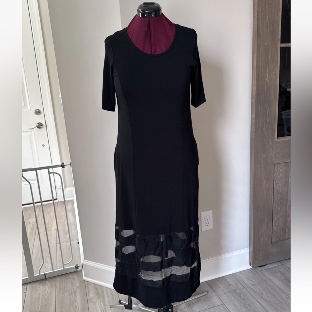 Luukaa Womens 6 Black Pullover‎ Midi Dress Sheer Striped Bottom Pockets Flaw